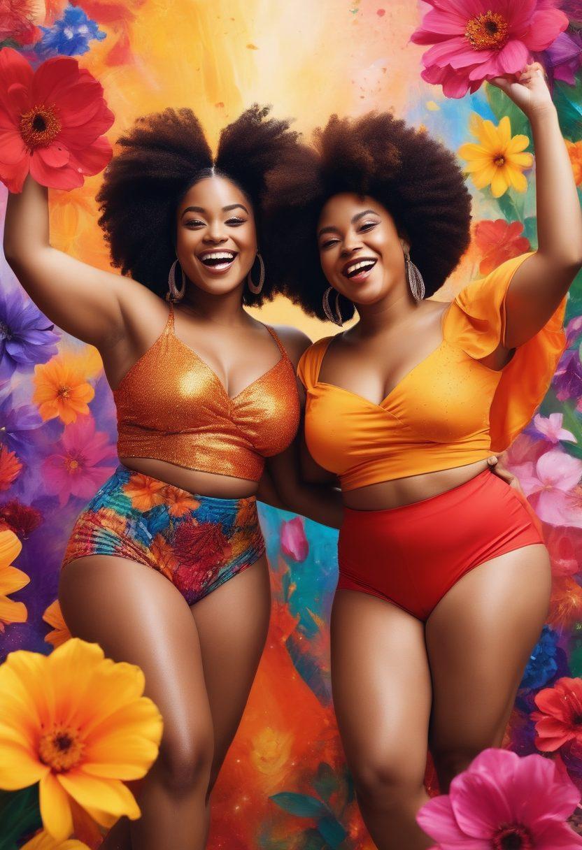 A vibrant celebration of body confidence showcasing a diverse group of Black women joyfully embracing their curves and unique shapes. They are dancing in a colorful, lively setting filled with flowers and uplifting messages of positivity around them. Bright, bold colors accentuate their skin tones and outfits, radiating happiness and self-love. Include elements like sparkles and abstract designs to enhance the festive atmosphere. colorful digital art. energetic and uplifting.
