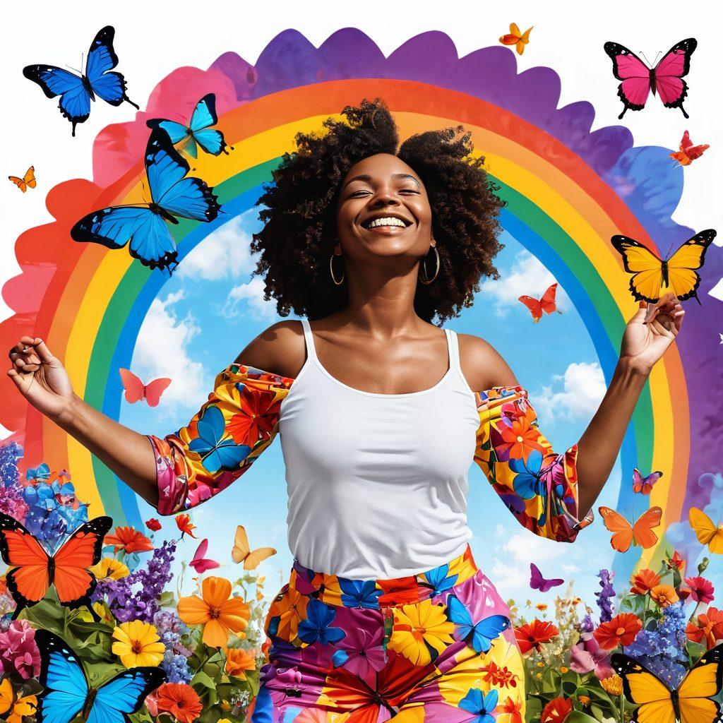 A joyful figure of a person embracing their body with confidence, surrounded by colorful butterflies and blooming flowers, symbolizing self-love and acceptance. The background should feature a bright, sunny sky with rainbows radiating positivity. The person is wearing vibrant, stylish clothing that celebrates diversity. Super-realistic. Vibrant colors. White background.