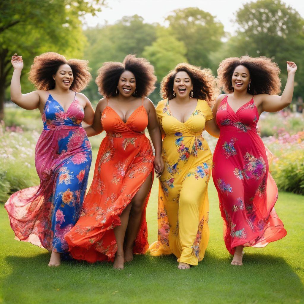A diverse group of joyful women of various body types and ethnicities, celebrating their curves in a vibrant park setting. They are wearing colorful, flowing dresses that accentuate their bodies, with laughter and love radiating among them. Incorporate blooming flowers and nature in the background, symbolizing growth and beauty. The image should evoke warmth, acceptance, and empowerment. vibrant colors. super-realistic.
